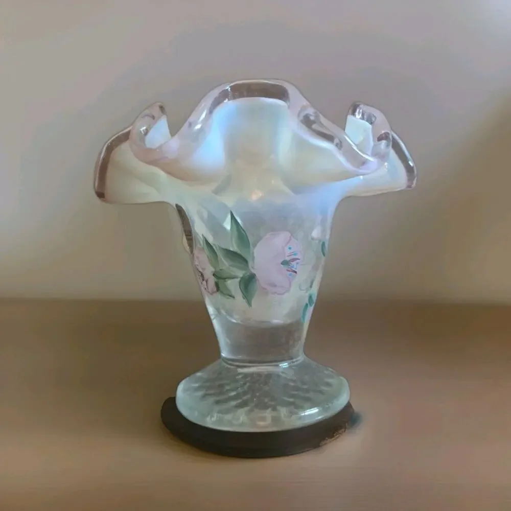 Fenton Art Glass Pink Crest Ruffle 4” Vase Opaline Optic hand painted Floral